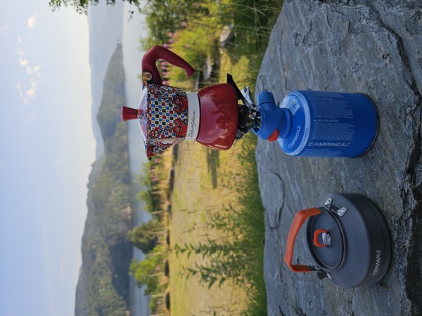 A small Campingaz burner screwed onto a gas cartridge.