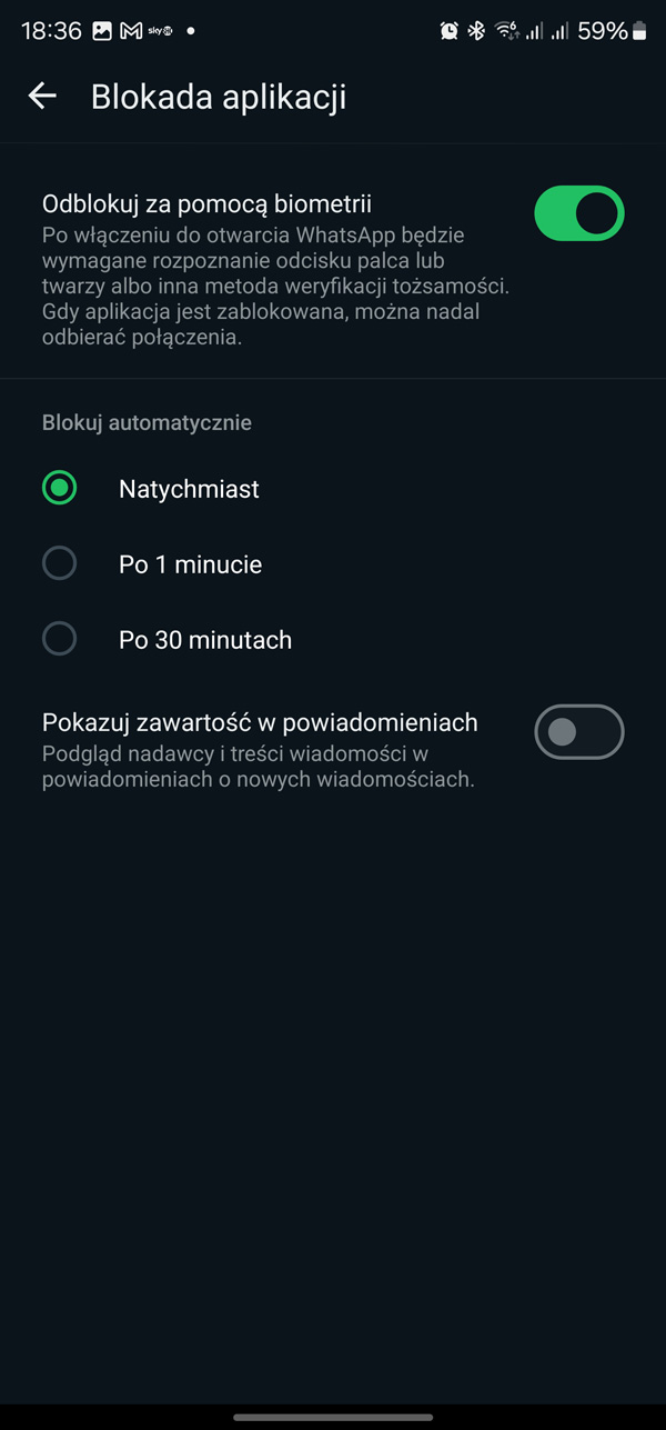 WhatsApp blokada aplikacji biometria
