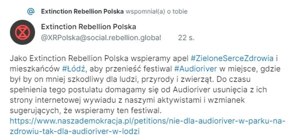 Extinction Rebellion Poland was one of the organizations that distanced itself from Audioriver following the location controversy, accusing the organizers of greenwashing.