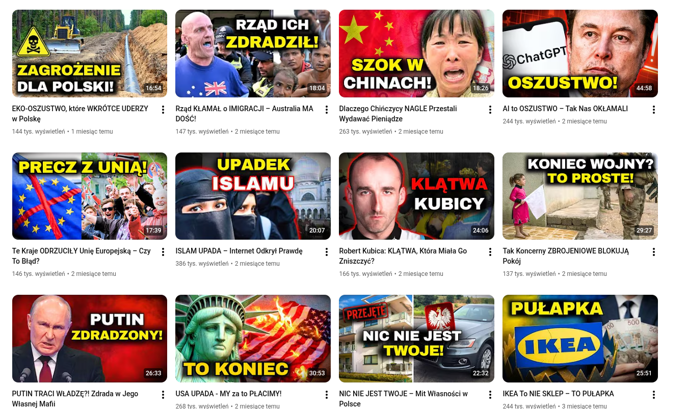 Grid of video thumbnails from the ‘Bez Cenzury’ YouTube channel