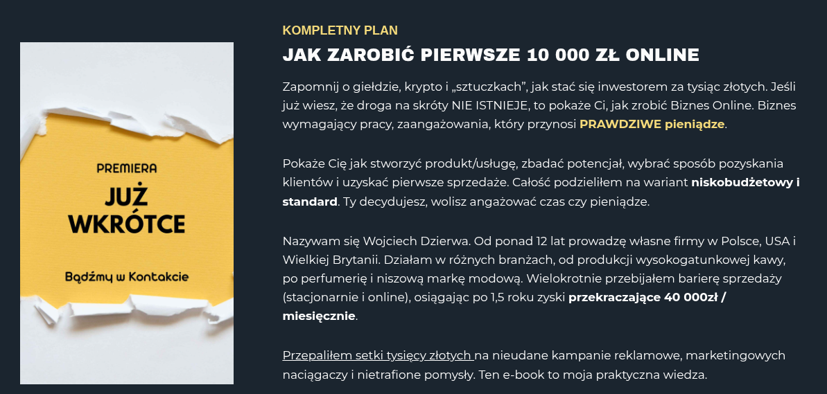 Wojciech Dzierwa's website with the e-book 'How to Earn Your First 10,000 PLN Online' Screenshot of Wojciech Dzierwa’s website offering an e-book on making money online