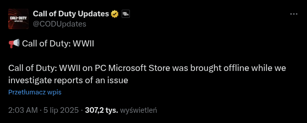 Call of Duty: WWII Call of Duty: WWII on PC Microsoft Store was brought offline while we investigate reports of an issue