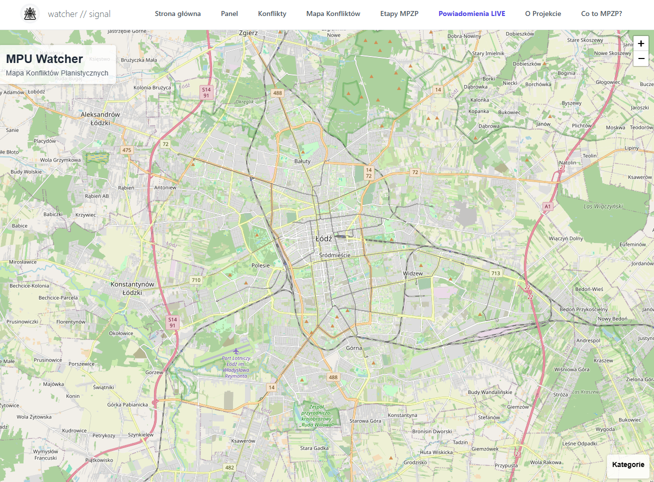 Mapa konfliktów urbanistycznych w Łodzi - widok roboczy