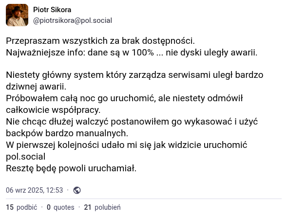 Komunikat Piotra Sikory, administratora polsocial