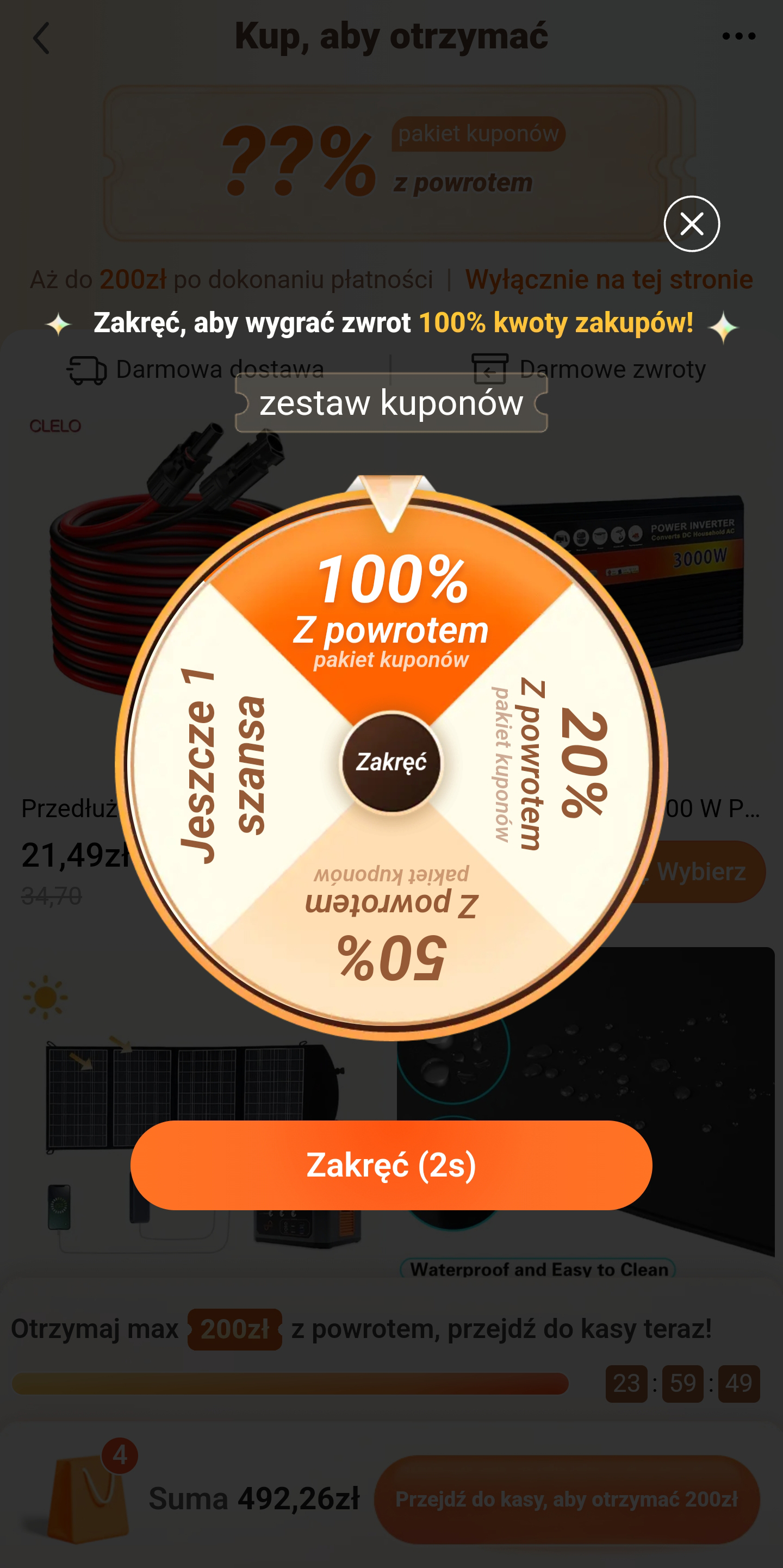 Interfejs aplikacji TEMU pokazujący wymuszoną grę w koło fortuny z napisem 'Zakręć, aby wygrać zwrot 100% kwoty zakupów', countdown timerem 2 sekundy i przyciskiem Zakręć - przykład forced gamification