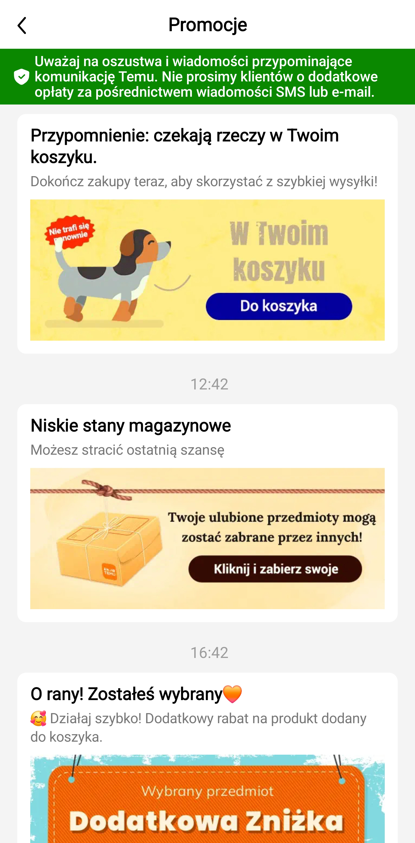 Push notifications TEMU z trzema technikami manipulacyjnymi: pies z napisem o rzeczach w koszyku i 'Nie trać się ponownie', zawiązana paczka z ostrzeżeniem o niskich stanach magazynowych i możliwości zabrania przez innych, oraz pomarańczowy kupon 'Dodatkowa Zniżka' z napisem o byciu wybranym - przykład pressure selling, fake scarcity i false urgency