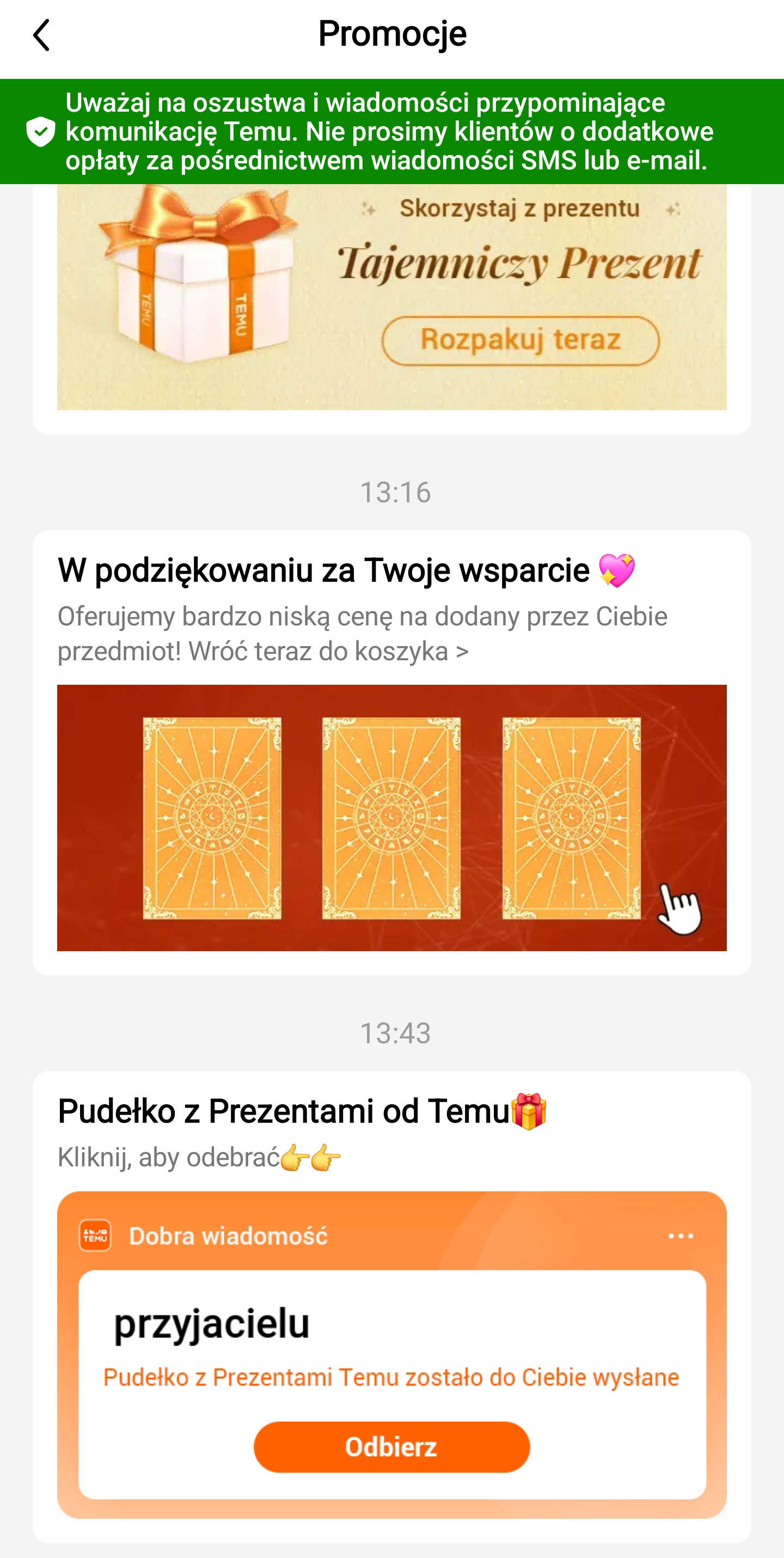 Push notifications TEMU pokazujące gamification: Tajemniczy Prezent do rozpakowania, grę w karty z trzema zakrytymi kartami i napisem o niskiej cenie na dodany przedmiot, oraz Pudełko z Prezentami z przyciskiem Odbierz - przykład przekształcania zakupów w casino przez push notifications