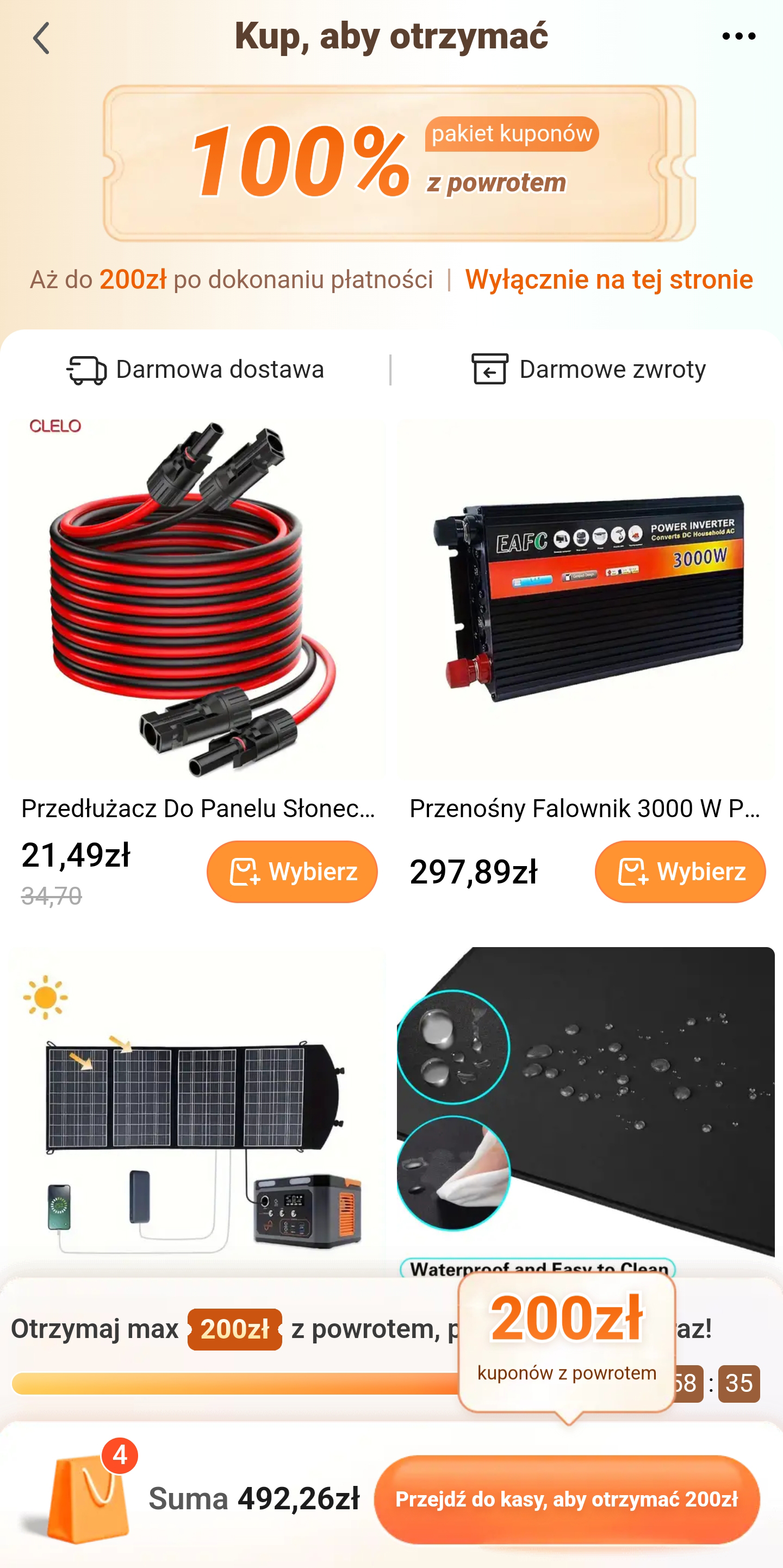 Interfejs TEMU po wygranej w kole fortuny pokazujący kupon 100% zwrotu, produkty z przekreślonymi cenami (przedłużacz 21,49 zł zamiast 34,70 zł, falownik 297,89 zł) oraz dodatkową ofertę 200 zł zwrotu przy minimalnym zamówieniu 492,26 zł z countdown timerem - przykład łączenia gamification z pressure selling
