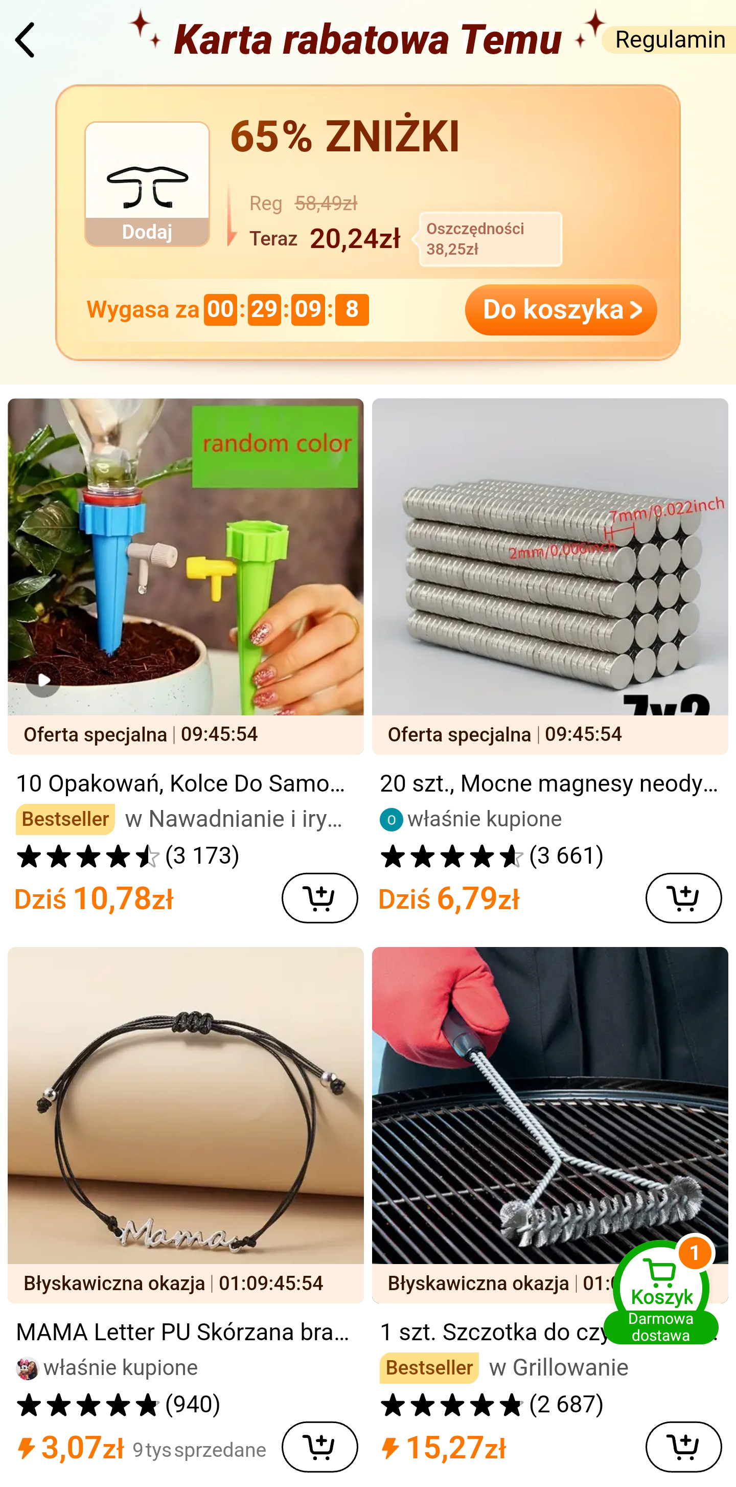 Interfejs TEMU pokazujący kartę rabatową 65% zniżki z countdown timerem 29 minut, produkty oznaczone jako oferta specjalna, błyskawiczna okazja, bestseller, z liczbami fake reviews (3173-3661 opinii), random color options, social proof 'własnie kupione' i zielony badge darmowej dostawy - przykład kompletnego arsenału technik manipulacyjnych
